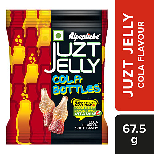 Alpenliebe Juzt Jelly Cola Flavour Bottles Soft Candy - With 25% Fruit Pulp, 67.5 g Pouch Zero Fat