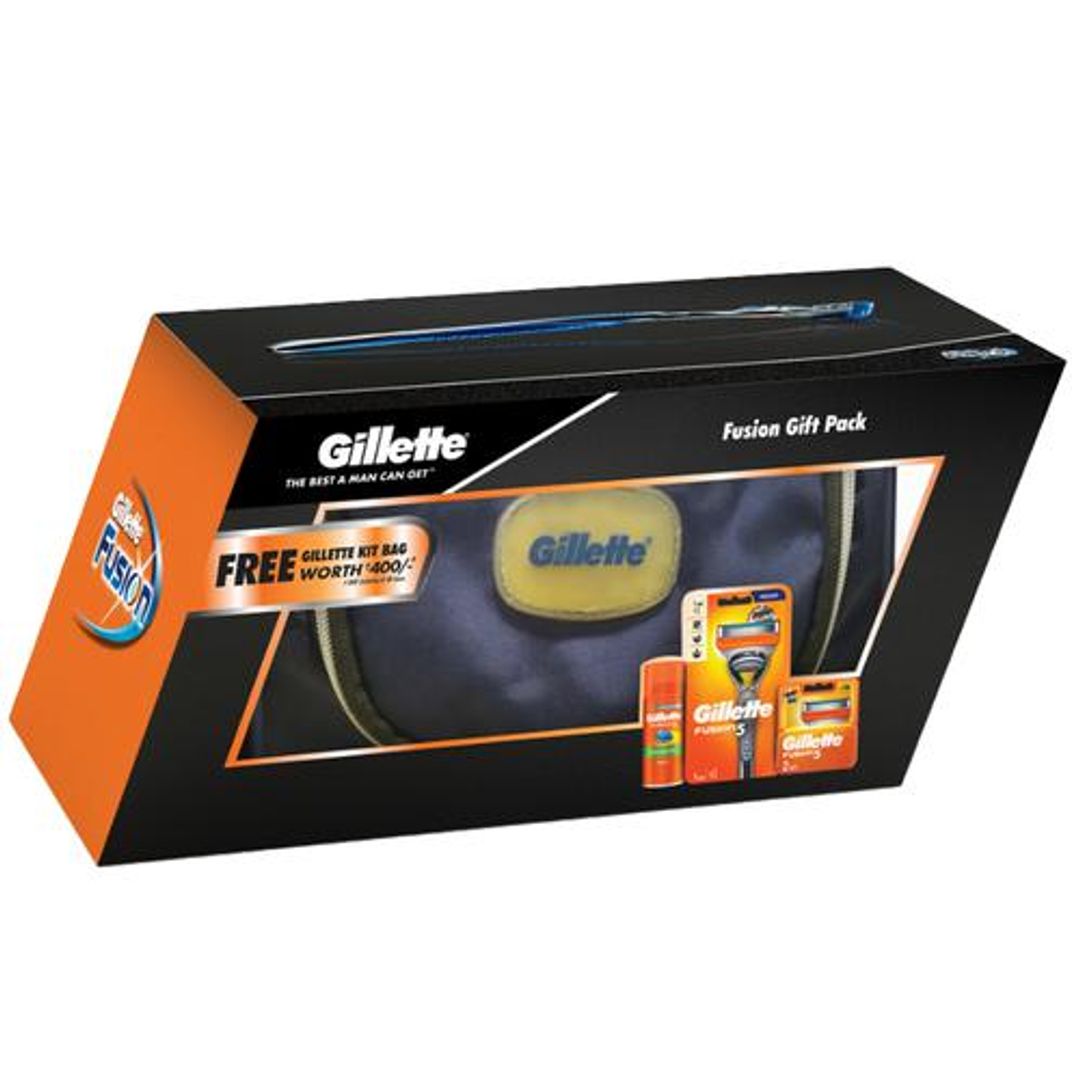 Gillette Fusion Gift Pack - Razor + 2S Cartridge + Hydra Gel, 4 pcs Get Travel Bag Free