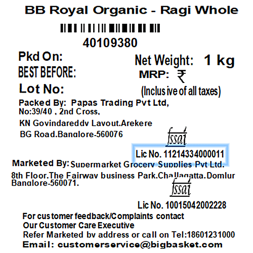 bb Royal Organic - Ragi Whole/Finger Millet, 1 kg  