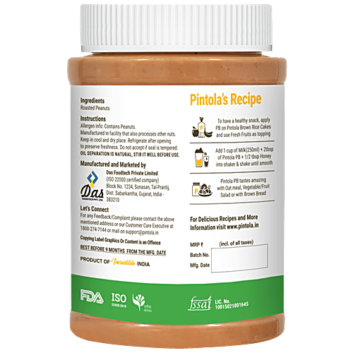 Pintola All Natural Peanut Butter - Unsweetened, Crunchy, 1 kg  
