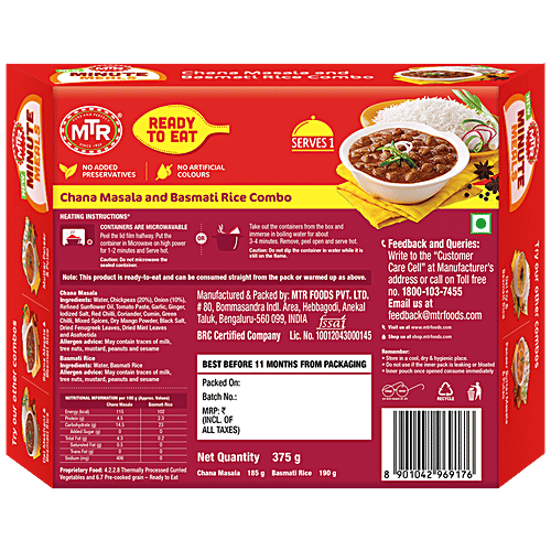 MTR Minute Meals - Chana Masala & Basmati Rice Combo, 375 g  No Added Preservatives
