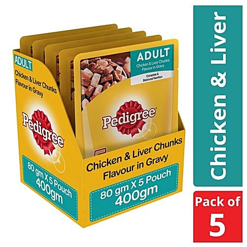 Pedigree Wet Dog Food - Chicken & Liver Chunks In Gravy, For Puppy, 80 g (Pack of 5) 