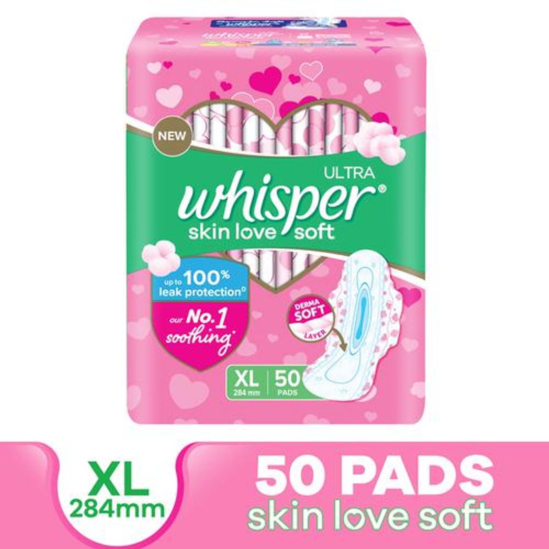 Whisper  Ultra Skinlove Soft Sanitary Pads for Women XL Cottony soft our #1 Softness Soft top sheet|Irritation free 155 cm Long With disposable wrap, 50 pcs 