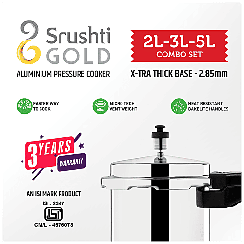 Srushti Gold Combo - Outer Lid Aluminum Pressure Cooker With Common Lid, 3 pcs (5 L + 3 L + 2 L) 