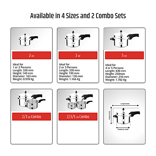 Srushti Gold Combo - Outer Lid Aluminum Pressure Cooker With Common Lid, 3 pcs (5 L + 3 L + 2 L) 