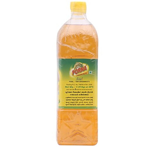 Porna Refined Oil - Rice Bran, 1 L PET Bottle With Goodness of Oryzanol, Zero Cholesterol