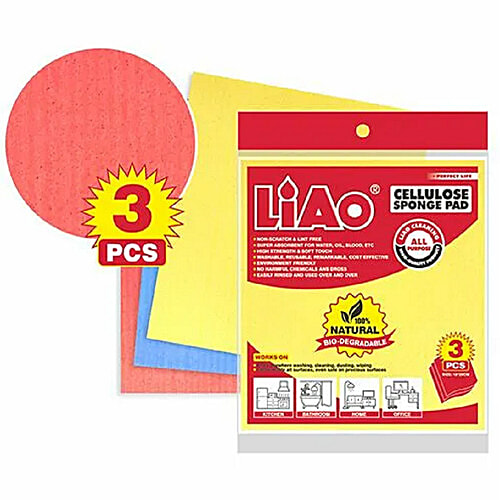 Liao Cellulose Sponge Pad - Super Absorbent, Reusable, For Kitchen Cleaning, Assorted, 3 pcs Super Absorbent