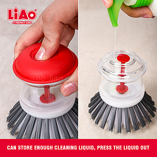 Liao Dish Brush With Soap Dispenser - Plastic, Nylon Bristles, Red & White, D130002, 1 pc  