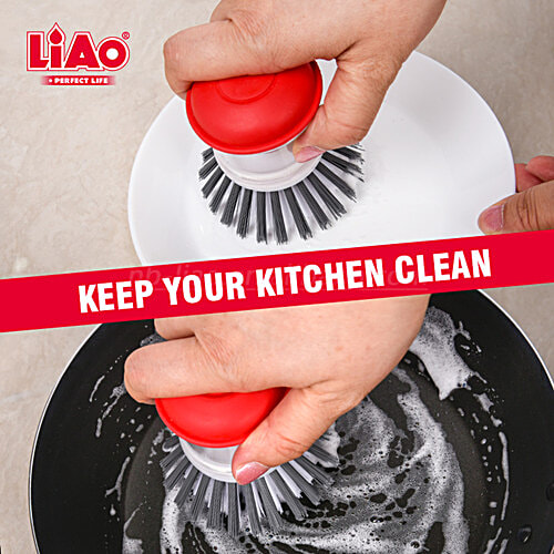 Liao Dish Brush With Soap Dispenser - Plastic, Nylon Bristles, Red & White, D130002, 1 pc  