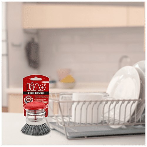 Liao Dish Brush With Soap Dispenser - Plastic, Nylon Bristles, Red & White, D130002, 1 pc  