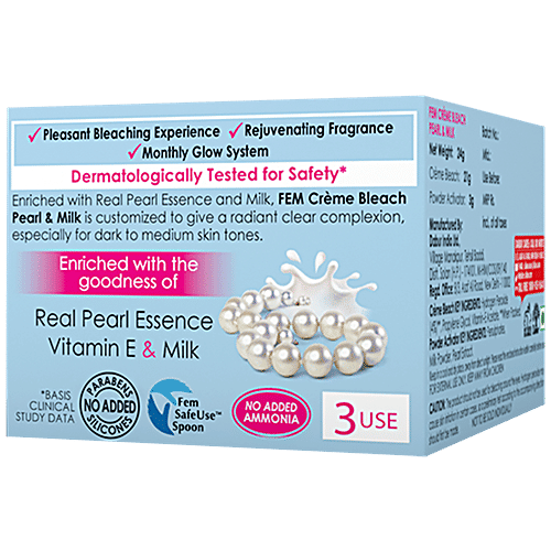 Fem Crème Bleach - Pearl & Milk, Radiant Glow, No Added Silicones, No Added Parabens, 8 g  No Added Silicones, No Added Parabens