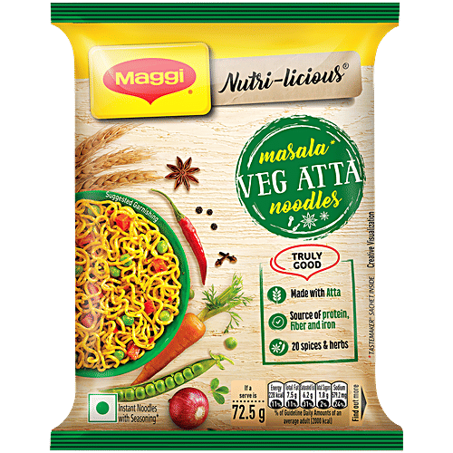 Maggi Nutri-Licious Masala Veg Atta Instant Noodles, 72.5 g  Made with Atta, Source of Protein, Fibre & Iron