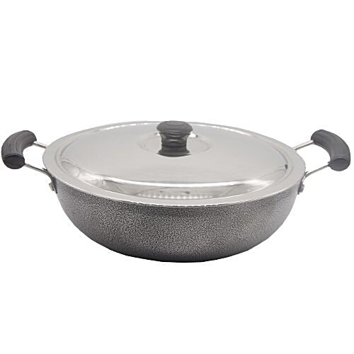Le Kaviraj Non-Stick Aluminium Kadai - 2 Layer, Induction Base With Steel Lid, 23 cm, 3 mm, 2.25 l Dishwasher Safe