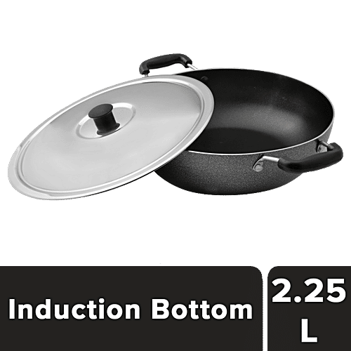 Le Kaviraj Non-Stick Aluminium Kadai - 2 Layer, Induction Base With Steel Lid, 23 cm, 3 mm, 2.25 l Dishwasher Safe
