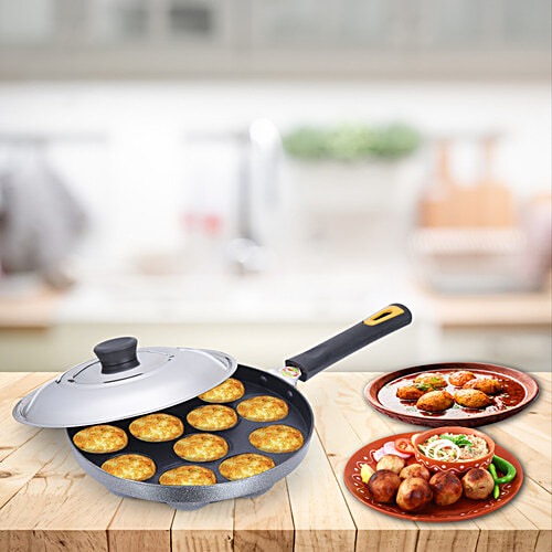 Anjali Aluminium Appachetty - 2 Layer, Scratch Resistant, 12 Cups, 28 cm, Stainless Steel Lid, Bakelite Handle, 1 pc  