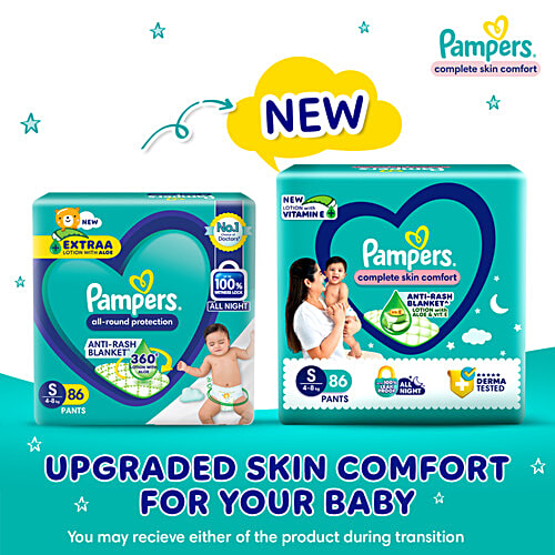 Pampers  Complete Skin Comfort Diaper Pants - S, 4-8 Kg, 86 pcs  Anti-Rash Blanket, Lotion With Vitamin E & Aloe Vera