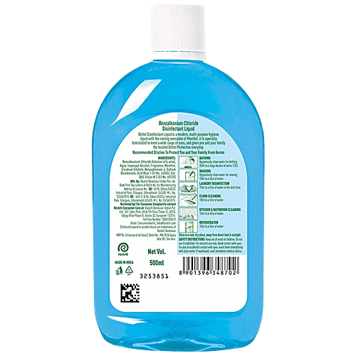 Dettol Liquid Disinfectant for Personal Hygiene, Surface Disinfection, Floor Cleaner (Menthol Cool),, 500ml Effective Protection