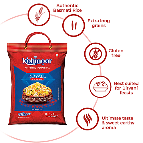 Kohinoor Basmati Rice/Basmati Chawal - Royale, Authentic Biryani, 5 kg