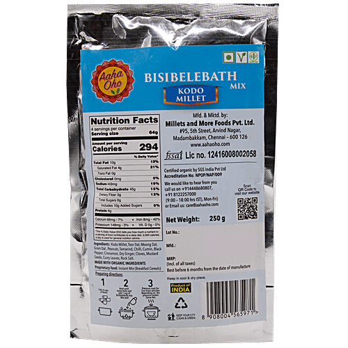 Aaha Oho Organic Bisibelebath Mix - Kodo Millet, 250 g  