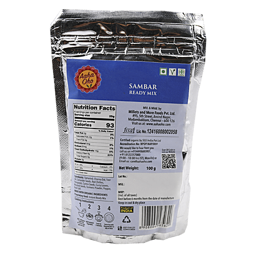 Aaha Oho Organic Sambar Ready Mix, 100 g  