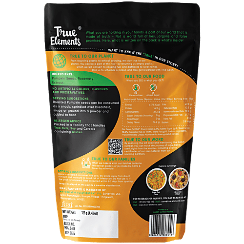 True Elements Roasted Pumpkin Seeds - High In Protein, Ready To Eat Snack, Immunity Booster, 125 g High in Fibre & Protein, Rich Source of Magnesium