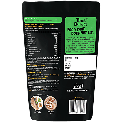 True Elements Raw Pumpkin Seeds, 250 g  High In Fibre & Protein