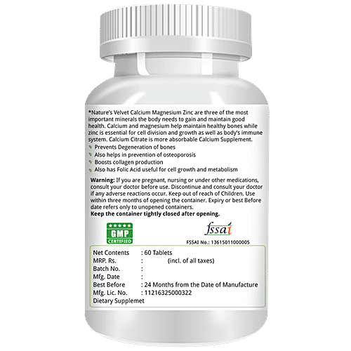 Natures Velvet Calcium Magnesium Zinc With Vitamin D3 Tablets - For Healthy Bones, 60 pcs  