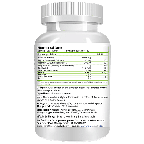 Natures Velvet Calcium Magnesium Zinc With Vitamin D3 Tablets - For Healthy Bones, 60 pcs  