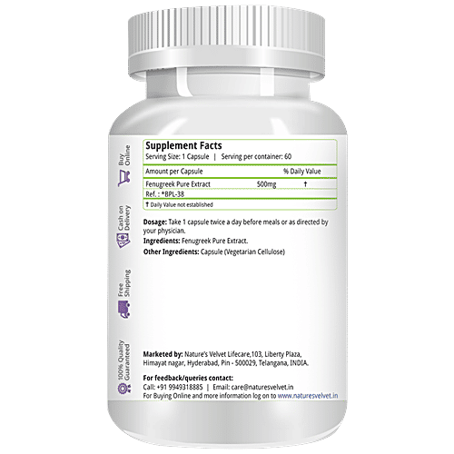 Buy Natures Velvet Fenugreek Extract 500 mg Vegetarian Capsules For