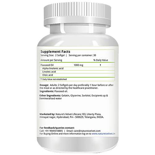 Natures Velvet Flaxseed Oil 1000mg, Omega 3-6-9 Sofgel - Aids In EPA & DHA Production, 60 pcs  