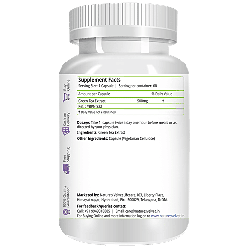Natures Velvet Green Tea Extract 500 mg Vegetarian Capsules - Weight Loss, Burns Fat, 60 pcs  