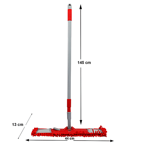 Liao Dry Floor Mop - Microfibre, Expandable, Flat, With 4.1 Feet Steel Stick, 360 Degree Movement, Detachable Rod, Red, A130064R, 1 pc  