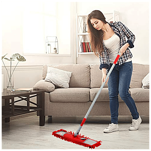Liao Dry Floor Mop - Microfibre, Expandable, Flat, With 4.1 Feet Steel Stick, 360 Degree Movement, Detachable Rod, Red, A130064R, 1 pc  