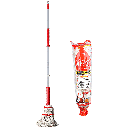 Liao Twist Cotton Floor Mop With Steel Stick - A130019, For Cleaning, 30X9X124 cm, White & Red, 1 pc  