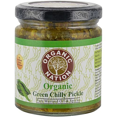 Organic Nation Organic Green Chilly Pickle - Pure Mustard Oil & Spices, 200 g No Artificial Colours or Flavours