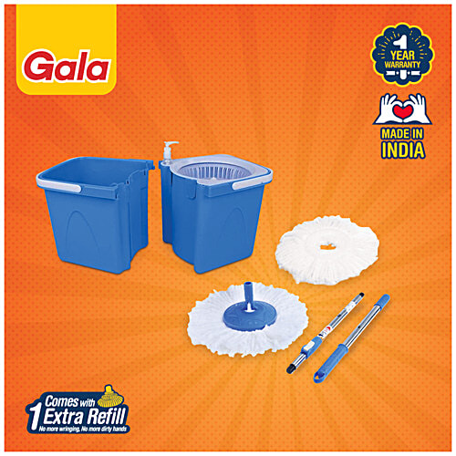Gala Twin Bucket Spin Mop - Plastic & Microfibre, With Rod, 3.8 ft, Blue, 1 pc  Easy to Carry