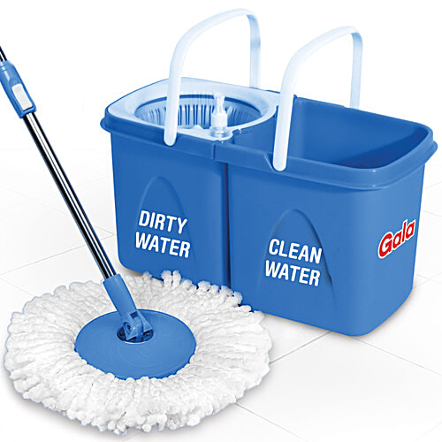 Gala Twin Bucket Spin Mop - Plastic & Microfibre, With Rod, 3.8 ft, Blue, 1 pc  Easy to Carry