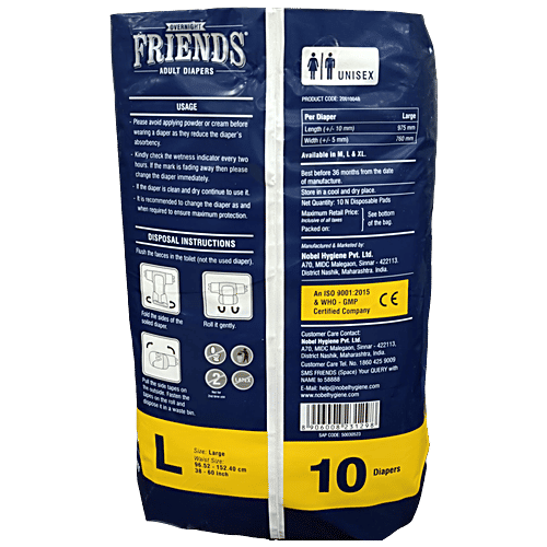 Friends Overnight Adult Diapers Tape Style - L, 32.68 - 59.84 Inch, 83 -152 cm, 10 pcs  Odour Lock and Anti-Bacterial Absorbent Core