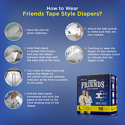 Friends Overnight Adult Diapers Tape Style - L, 32.68 - 59.84 Inch, 83 -152 cm, 10 pcs  Odour Lock and Anti-Bacterial Absorbent Core