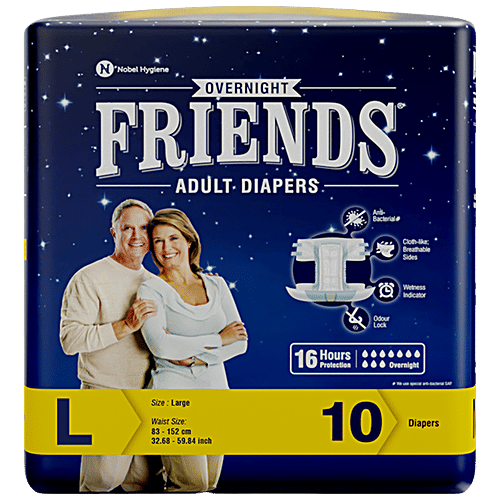 Friends Overnight Adult Diapers Tape Style - L, 32.68 - 59.84 Inch, 83 -152 cm, 10 pcs  Odour Lock and Anti-Bacterial Absorbent Core