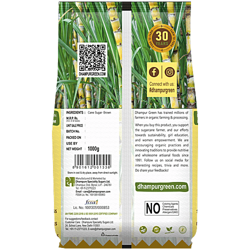 Dhampur Green Natural Brown Sugar/Cheeni - Dememrara, 1 kg No Preservatives, No Chemicals