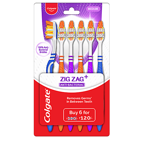 Colgate ZigZag Anti-Bacterial Toothbrush - Medium, 6 pcs  