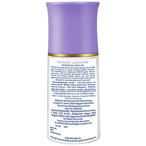 Yardley London English Lavender Anti-Perspirant Deodorant Roll-On, 50 ml Antiperspirant, 48h Actives, Alcohol Free