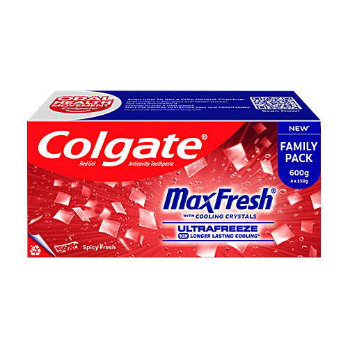 Colgate MaxFresh Toothpaste - Spicy Fresh Red Gel With Menthol For Super Fresh Breath, 150 g (Pack of 4) 10X Longer Lasting Cooling, Red Gel paste with Menthol for Super Fresh Breath
