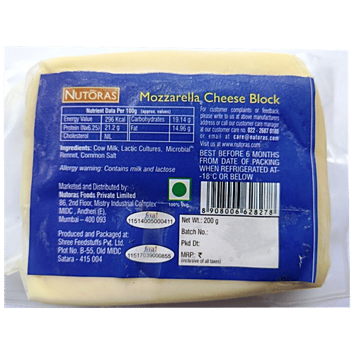 NUTORAS Mozzarella Cheese Block - Made from Cow's Milk, 200 g Pouch Zero Cholesterol