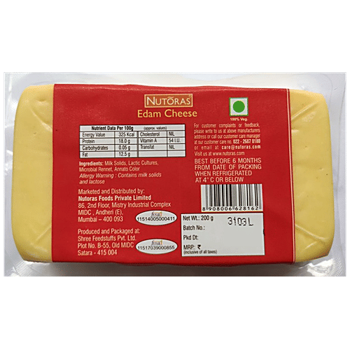 NUTORAS Edam Cheese Block - Made from Cow's Milk, 200 g Pouch Zero Cholesterol, Zero Trans Fat