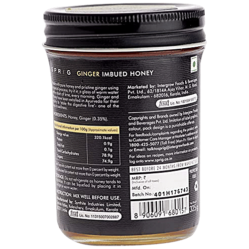 Sprig Ginger Imbued Honey -Natural With Fresh Ginger Extract, Weight Loss & Digestion, 325 g  Digestive