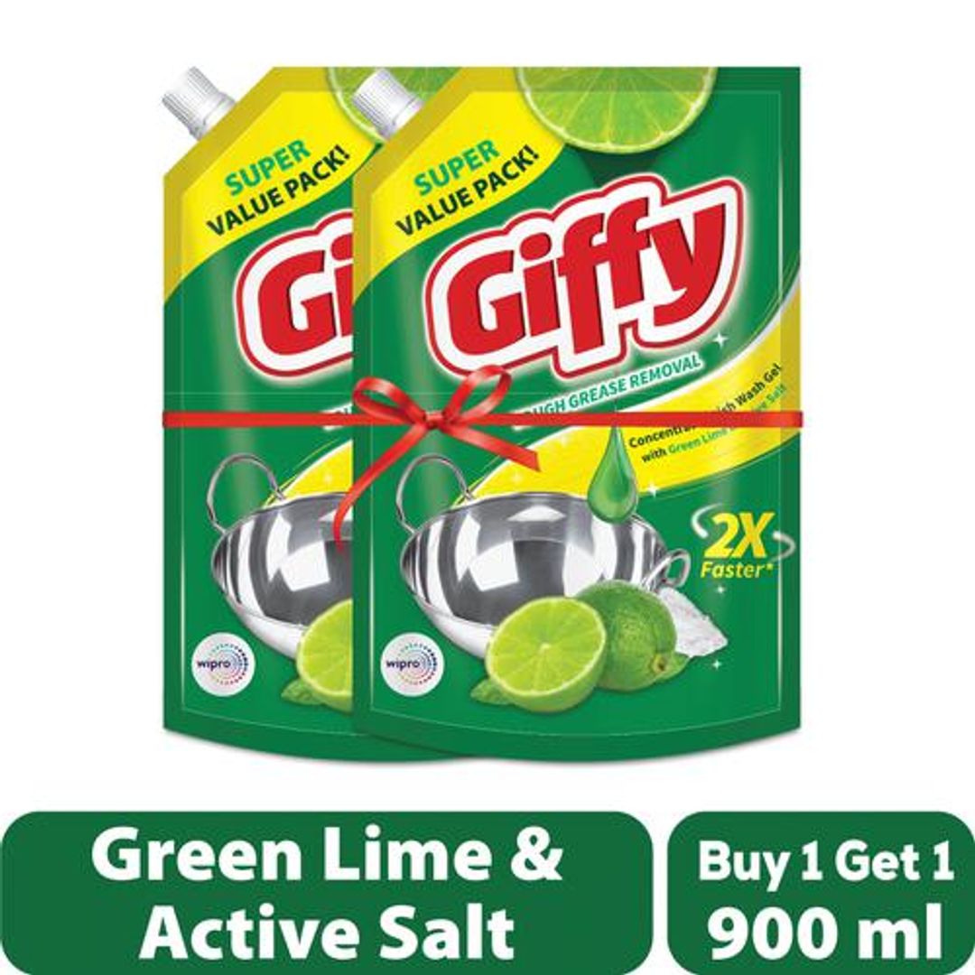 Giffy Concentrated Liquid Dish Wash Gel - With Active Salt & Lime, 900 ml (Pack of 2)