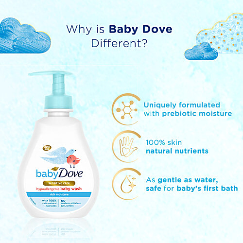 Baby Dove Rich Moisture Hypoallergenic Wash - Sensitive Care, Natural, No Parabens, 200 ml  No Sulfates, Parabens, Phthalates