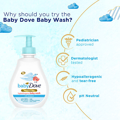 Baby Dove Rich Moisture Hypoallergenic Wash - Sensitive Care, Natural, No Parabens, 200 ml  No Sulfates, Parabens, Phthalates
